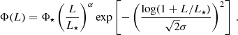 $$ \begin{aligned} \Phi (L)= \Phi _\star \left(\frac{L}{L_\star }\right)^\alpha \exp \left[-\left(\frac{\log (1+L/L_\star )}{\sqrt{2} \sigma }\right)^2\right]\,. \end{aligned} $$