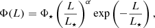 $$ \begin{aligned} \Phi (L)= \Phi _\star \left(\frac{L}{L_\star }\right)^{\alpha }\exp {\left(-\frac{L}{L_\star }\right)}\,, \end{aligned} $$