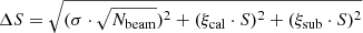 Mathematical equation: $$ \begin{aligned} \Delta S = \sqrt{(\sigma \cdot \sqrt{N_{\rm beam}})^2+(\xi _{\rm cal} \cdot S)^2 + (\xi _{\rm sub} \cdot S)^2 } \end{aligned} $$