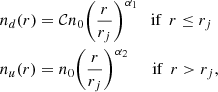 Mathematical equation: $$ \begin{aligned} \begin{aligned}&n_d(r) = \mathcal{C} n_0 \bigg ( \frac{r}{r_j}\bigg )^{\alpha _1} \, \, \, \text{ if} \,\,\, r\le r_j \\&n_u(r) = n_0 \bigg ( \frac{r}{r_j}\bigg )^{\alpha _2} \, \, \, \, \,\,\, \text{ if} \,\,\, r> r_j, \end{aligned} \end{aligned} $$