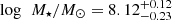$ \log\,~M_\star/M_\odot=8.12^{+0.12}_{-0.23} $