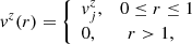 Mathematical equation: $$ \begin{aligned}&v^z(r) = {\left\{ \begin{array}{ll} v^z_j, \, \, \, \, \, 0 \le r \le 1 \\ 0, \, \, \, \, \, \, \, \, \, \, r > 1, \\ \end{array}\right.} \end{aligned} $$