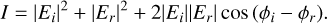 Mathematical equation: $I = {\left| {{E_i}} \right|^2} + {\left| {{E_r}} \right|^2} + 2\left| {{E_i}} \right|\left| {{E_r}} \right|\cos \left( {{\phi _i} - {\phi _r}} \right).$