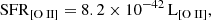 $$ \begin{aligned} \mathrm{SFR} _{\left[ {\text{O}}{\small {{\text{ II}}}} \right]} = 8.2 \times 10 ^{-42}\, \mathrm{L} _{\left[ {\text{O}}{\small {{\text{ II}}}} \right]} ,\end{aligned} $$
