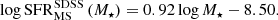 $$ \begin{aligned} \log \mathrm{SFR}_{\rm MS}^\mathrm{SDSS} \left( M_\star \right) = 0.92 \log M_\star - 8.50. \end{aligned} $$