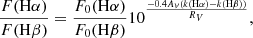 $$ \begin{aligned} \frac{F(\mathrm{H}\alpha )}{F(\mathrm{H}\beta )} = \frac{F_0(\mathrm{H}\alpha )}{F_0(\mathrm{H}\beta )} 10^{\frac{-0.4A_v(k(\mathrm{H}\alpha ) - k(\mathrm{H}\beta ))}{R_V}}, \end{aligned} $$