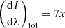Mathematical equation: $$ \begin{aligned}&\left(\frac{\mathrm{d}I}{\mathrm{d}\lambda }\right)_{\rm tot} = 7x \end{aligned} $$
