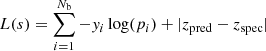 Mathematical equation: $$ \begin{aligned} L(s) = \sum _{i=1}^{N_{\rm b}} - { y}_{i}\log (p_{i}) + |z_{\rm pred} - z_{\rm spec}| \end{aligned} $$