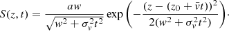$$ \begin{aligned} S(z,t)=\frac{a{ w}}{\sqrt{{ w}^2+\sigma _v^2 t^2}} \exp {\left(-\frac{(z-(z_0+\bar{v} t))^2}{2({ w}^2+\sigma _v^2 t^2)}\right)}\cdot \end{aligned} $$