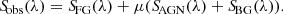 Mathematical equation: $$ \begin{aligned} {S\!}_{\rm obs}(\lambda ) = {S\!}_{\rm FG}(\lambda ) + \mu ({S\!}_{\rm AGN}(\lambda ) + {S\!}_{\rm BG}(\lambda )). \end{aligned} $$