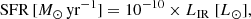 Mathematical equation: $$ \begin{aligned} \mathrm{SFR}\,[{M_\odot \,\mathrm{yr}^{-1}}] = 10^{-10} \times {L_{\rm IR} \ [L_\odot ]}, \end{aligned} $$