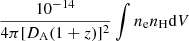 Mathematical equation: $ \frac{10^{-14}}{4\pi[D_{\mathrm{A}}(1+z)]^{2}}\int n_{\mathrm{e}} n_{\mathrm{H}} \mathrm{d}V $