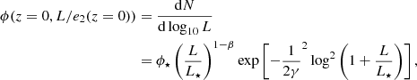 Mathematical equation: $$ \begin{aligned} \begin{aligned} \phi (z=0,L/e_2(z=0))&=\frac{\mathrm{d}N}{\mathrm{d}\log _{10}L} \\&=\phi _{\star }\left(\frac{L}{L_{\star }}\right)^{1-\beta } \exp \left[-\frac{1}{2 \gamma }^{2} \log ^{2}\left(1+\frac{L}{L_{\star }}\right)\right], \end{aligned} \end{aligned} $$