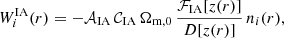 $$ \begin{aligned} W^\mathrm{IA}_i(r)=-{\mathcal{A} }_{\rm IA} \,{\mathcal{C} }_{\rm IA}\,\Omega _{\mathrm{m},0}\, \frac{{\mathcal{F} }_{\rm IA}[z(r)]}{D[z(r)]}\,n_i(r), \end{aligned} $$