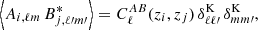 $$ \begin{aligned} \left\langle A_{i,\ell m}\,B^*_{j,\ell \prime m\prime }\right\rangle =C^{AB}_\ell (z_i,z_j)\,\delta ^\mathrm{K}_{\ell \ell \prime }\,\delta ^\mathrm{K}_{m m\prime }, \end{aligned} $$