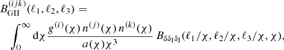 $$ \begin{aligned}&B^{(ijk)}_{\rm GII}(\ell _1,\ell _2,\ell _3) = \nonumber \\&\quad \int _0^\infty \mathrm{d}\chi \frac{g^{(i)}(\chi )\,n^{(j)}(\chi )\,n^{(k)}(\chi )}{a(\chi )\chi ^3}\,B_{\delta \delta _{\rm I} \delta _{\rm I}}(\ell _1/\chi ,\ell _2/\chi ,\ell _3/\chi ,\chi ), \end{aligned} $$