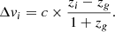 $$ \begin{aligned} \Delta v_i = c\times \frac{z_i - z_g}{1 + z_g}. \end{aligned} $$