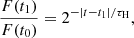 Mathematical equation: $$ \begin{aligned} \frac{F(t_1)}{F(t_0)}=2^{-|t-t_1|/\tau _{\rm H}}, \end{aligned} $$