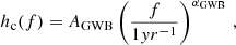Mathematical equation: $$ \begin{aligned} h_{\rm c}(f) = A_{\rm GWB} \left( \frac{f}{1yr^{-1}}\right)^{\alpha _{\rm GWB}} \, , \end{aligned} $$