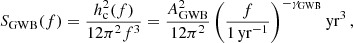 Mathematical equation: $$ \begin{aligned} S_{\rm GWB} (f) = \frac{h_{\rm c}^2(f)}{12\pi ^2f^3} = \frac{A_{\rm GWB}^2}{12\pi ^2}\left( \frac{f}{1\,\mathrm{yr}^{-1}}\right)^{-\gamma _{\rm GWB}} \mathrm{yr}^3 \, , \end{aligned} $$
