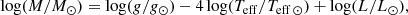 $$ \begin{aligned} \log (M/{M}_\odot ) = \log (g/g_\odot ) - 4\log (T_{\rm eff}/T_{\rm eff\,\odot }) + \log (L/{L}_\odot ) ,\end{aligned} $$