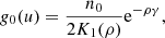 Mathematical equation: $$ \begin{aligned} g_0(u)&= \frac{n_0}{2 K_1(\rho )} \mathrm{e}^{- \rho \gamma }, \end{aligned} $$