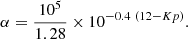 $$ \begin{aligned} \alpha = \frac{10^{5}}{1.28 } \times 10^{-0.4~(12-Kp) } . \end{aligned} $$