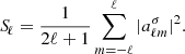 Mathematical equation: $$ \begin{aligned} {S\!}_\ell = \frac{1}{2\ell + 1}\sum _{m = -\ell }^{\ell }|a^{\sigma }_{\ell m}|^2. \end{aligned} $$
