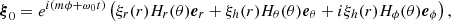 $$ \begin{aligned} \boldsymbol{\xi }_0= e^{i(m \phi + \omega _0 t)} \left(\xi _r(r) H_r(\theta ) \boldsymbol{e}_r + \xi _h(r) H_\theta (\theta ) \boldsymbol{e}_\theta + i \xi _h(r) H_\phi (\theta ) \boldsymbol{e}_\phi \right), \end{aligned} $$