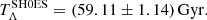 $$ \begin{aligned} T_{\Lambda }^\mathrm{SH0ES} = (59.11 \pm 1.14)\,\mathrm{Gyr}. \end{aligned} $$