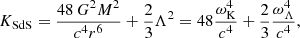 $$ \begin{aligned} K_{\rm SdS} = \frac{48\,G^2 M^2}{c^4 r^6}+ \frac{2}{3} \Lambda ^{2} = 48 \frac{\omega _{\mathrm{K} }^4}{c^4} + \frac{2}{3} \frac{\omega _{\Lambda }^4}{c^4}, \end{aligned} $$