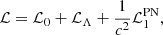 $$ \begin{aligned} \mathcal{L} = \mathcal{L} _0 + \mathcal{L} _{\Lambda } + \frac{1}{c^2} \mathcal{L} _1^\mathrm{PN}, \end{aligned} $$