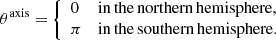 $$ \begin{aligned} \theta ^\mathrm{axis}={\left\{ \begin{array}{ll} 0&\mathrm{in\,the\,northern\,hemisphere,} \\ \pi&\mathrm{in\,the\,southern\,hemisphere.} \end{array}\right.} \end{aligned} $$