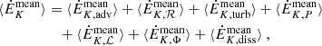 $$ \begin{aligned} \begin{aligned} \langle \dot{E}_K^\mathrm{mean} \rangle&= \langle \dot{E}_{K, \mathrm{adv}}^\mathrm{mean} \rangle + \langle \dot{E}_{K, \mathcal{R} }^\mathrm{mean} \rangle + \langle \dot{E}_{K, \mathrm{turb}}^\mathrm{mean} \rangle + \langle \dot{E}_{K, P}^\mathrm{mean} \rangle \\&\quad + \langle \dot{E}_{K, \mathcal{L} }^\mathrm{mean} \rangle + \langle \dot{E}_{K, \Phi }^\mathrm{mean} \rangle + \langle \dot{E}_{K, \mathrm{diss}}^\mathrm{mean} \rangle \ , \\ \end{aligned} \end{aligned} $$