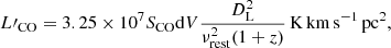 Mathematical equation: $$ \begin{aligned} L\prime _{\rm CO} = 3.25 \times 10^7 S_{\rm CO}\mathrm{d}V {{D_{\rm L}^2}\over {\nu _{\rm rest}^2(1+z)}}\,\mathrm{K\,km\,s^{-1}\,pc^2}, \end{aligned} $$