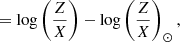 Mathematical equation: $$ \begin{aligned}{\ }{[\mathrm{Fe}/\mathrm{H}]}=\mathrm{log}\left(\frac{Z}{X}\right)-\mathrm{log}\left(\frac{Z}{X}\right)_\odot , \end{aligned} $$
