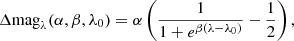 Mathematical equation: $$ \begin{aligned} \Delta \mathrm{mag}_\lambda (\alpha ,\beta ,\lambda _0)=\alpha \left(\frac{1}{1+e^{\beta (\lambda -\lambda _0)}}-\frac{1}{2}\right), \end{aligned} $$