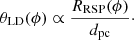 Mathematical equation: $$ \begin{aligned}&\theta _{\rm LD}(\phi ) \propto \frac{R_{\rm RSP}(\phi )}{{d}_{\rm pc}}\cdot \end{aligned} $$