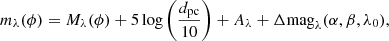 Mathematical equation: $$ \begin{aligned} m_\lambda (\phi )=M_\lambda (\phi )+5\,\mathrm{log}\left(\frac{{{d}}_{\rm pc}}{10}\right)+A_\lambda +\Delta \mathrm{mag}_\lambda (\alpha ,\beta ,\lambda _0), \end{aligned} $$