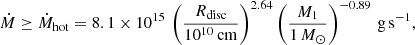 $$ \begin{aligned} \dot{M}\ge \dot{M}_{\rm hot}=8.1\times 10^{15}\,\left(\frac{R_{\rm disc}}{10^{10}\,\mathrm{cm}}\right)^{2.64} \left(\frac{M_{1}}{1\,M_{\odot }}\right)^{-0.89}\,\mathrm{g\,s^{-1}}, \end{aligned} $$