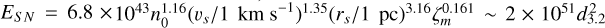${E_{SN}} = 6.8 \times {10^{43}}n_0^{1.16}{\left( {{{{\upsilon _s}} \mathord{\left/ {\vphantom {{{\upsilon _s}} 1}} \right. \kern-\nulldelimiterspace} 1}\,\,{\rm{km}}\,{{\rm{s}}^{ - 1}}} \right)^{1.35}}{\left( {{{{r_s}} \mathord{\left/ {\vphantom {{{r_s}} 1}} \right. \kern-\nulldelimiterspace} 1}{\rm{pc}}} \right)^{3.16}}\zeta _m^{0.161}\~2 \times {10^{51}}d_{3.2}^2$