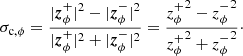 Mathematical equation: $$ \begin{aligned} \sigma _{\rm c,\phi } = \frac{|{{\boldsymbol{z}}^+_\phi }|^2 - |{\boldsymbol{z}}^-_{\phi }|^2}{|{{\boldsymbol{z}}^+_\phi }|^2 + |{\boldsymbol{z}}^-_{\phi }|^2} = \frac{{z^+_\phi }^2 - {z^-_\phi }^2}{{z^+_\phi }^2 + {z^-_\phi }^2}\cdot \end{aligned} $$