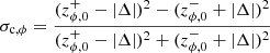 Mathematical equation: $$ \begin{aligned} \sigma _{\rm c,\phi }&= \frac{({z}^+_{\phi ,0} - |\Delta |)^2 - ({z}^-_{\phi ,0} + |\Delta |)^2}{({z}^+_{\phi ,0} - |\Delta |)^2 + ({z}^-_{\phi ,0} + |\Delta |)^2}\end{aligned} $$