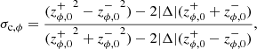 Mathematical equation: $$ \begin{aligned} \sigma _{\rm c,\phi } = \frac{({{z}^+_{\phi ,0}}^2 - {{z}^-_{\phi ,0}}^2) - 2|\Delta |({z}^+_{\phi ,0} + {z}^-_{\phi ,0})}{({{z}^+_{\phi ,0}}^2 + {{z}^-_{\phi ,0}}^2) - 2|\Delta |({z}^+_{\phi ,0} - {z}^-_{\phi ,0})} , \end{aligned} $$