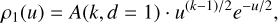 Mathematical equation: ${\rho _1}(u) = A(k,d = 1) \cdot {u^{(k - 1)/2}}{e^{ - u/2}}{\rm{, }}$