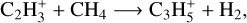 $$${{\rm{C}}_2}{\rm{H}}_3^ + + {\rm{C}}{{\rm{H}}_4} \to {{\rm{C}}_3}{\rm{H}}_5^ + + {{\rm{H}}_2}$$$