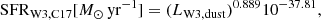 Mathematical equation: $$ \begin{aligned} \mathrm{SFR}_{\rm W3,C17} [M_\odot \,\mathrm{yr}^{-1}] = (L_{\rm W3,dust})^{0.889} 10^{-37.81}, \end{aligned} $$