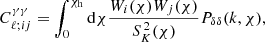 Mathematical equation: $$ \begin{aligned} C_{\ell ;ij}^{\gamma \gamma } = \int _0^{\chi _{\rm h}}\mathrm{d}\chi \frac{W_i(\chi )W_j(\chi )}{S^{\,2}_K(\chi )}P_{\delta \delta }(k, \chi ) , \end{aligned} $$