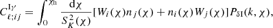 Mathematical equation: $$ \begin{aligned}&C_{\ell ;ij}^{\mathrm{I}\gamma } = \int _0^{\chi _{\rm h}}\frac{\mathrm{d}\chi }{S^{\,2}_K(\chi )}[W_i(\chi )n_j(\chi )+n_i(\chi )W_j(\chi )]P_{\delta \mathrm{I}}(k, \chi ) ,\end{aligned} $$