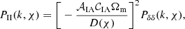 Mathematical equation: $$ \begin{aligned}&P_{\rm II}(k, \chi ) = \bigg [-\frac{\mathcal{A} _{\rm IA}\mathcal{C} _{\rm IA}\Omega _{\rm m}}{D(\chi )}\bigg ]^2P_{\delta \delta }(k,\chi ) , \end{aligned} $$
